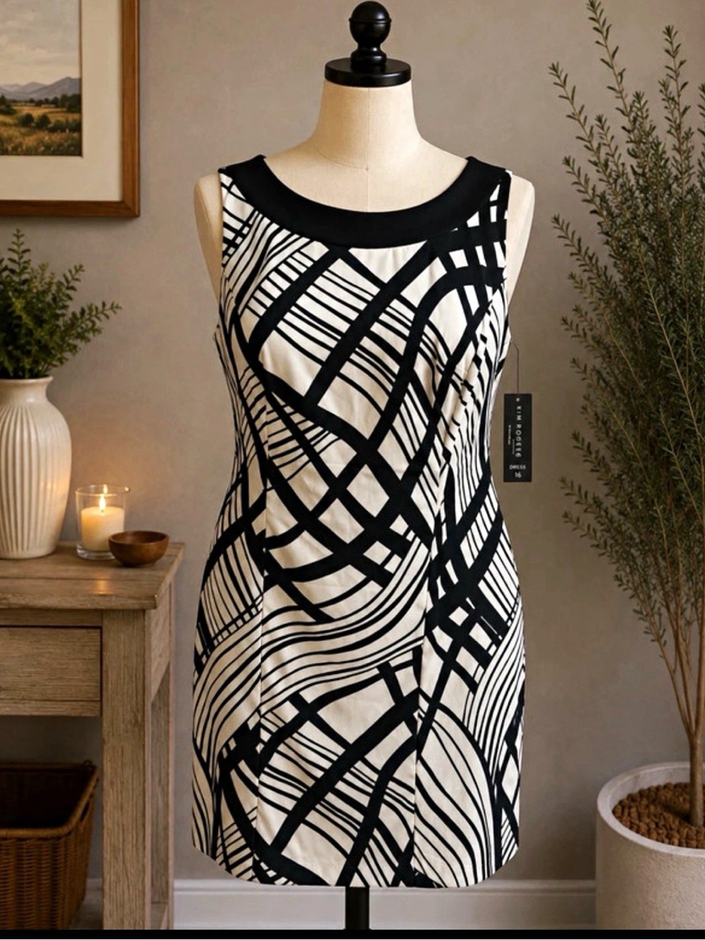 NWT Kim Rogers Signature Black White Abstract Sheath Dress Size 16W Career Offic